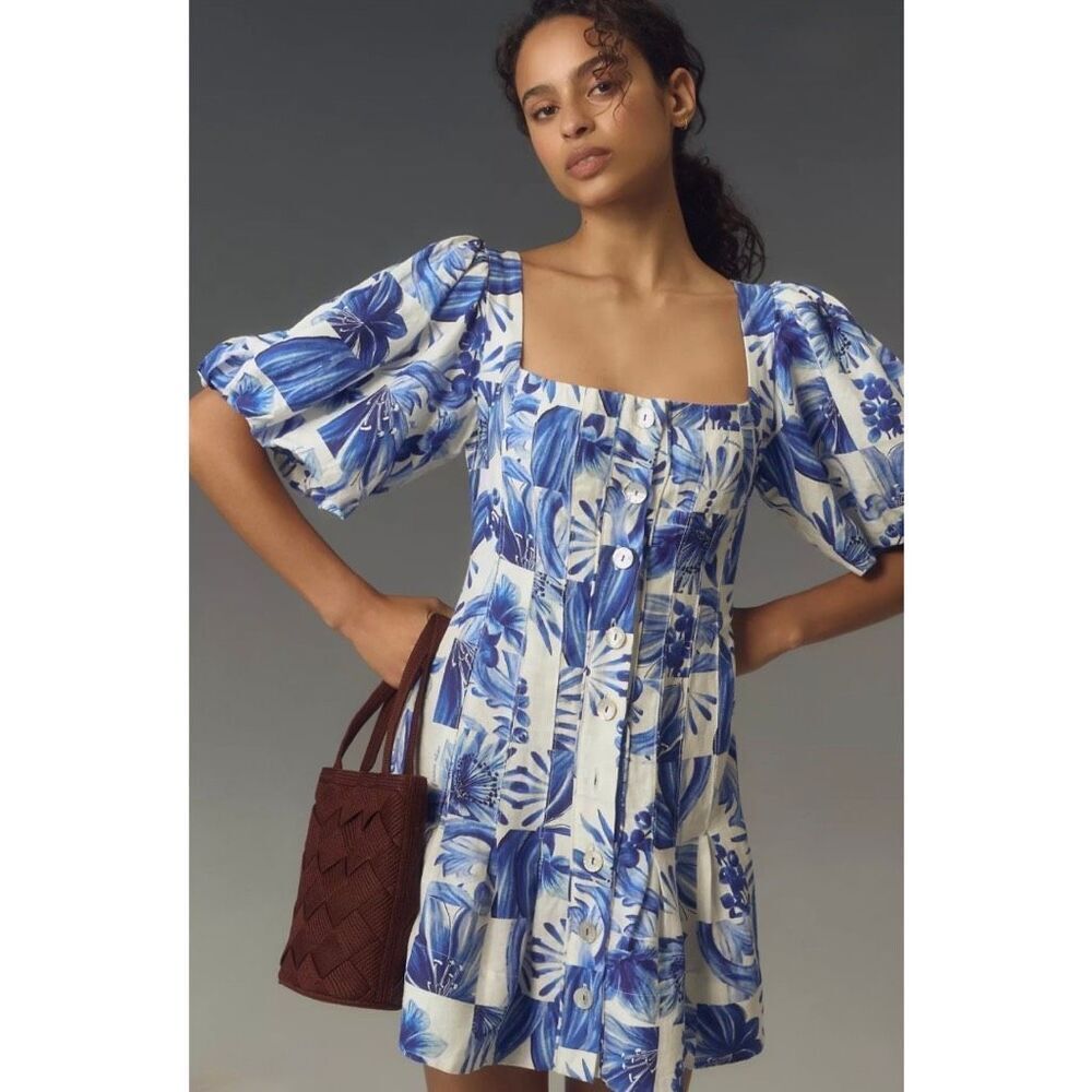 NWT Farm Rio Garden Tiles Blue Floral Linen Puff Sleeve Mini Dress XL Resort